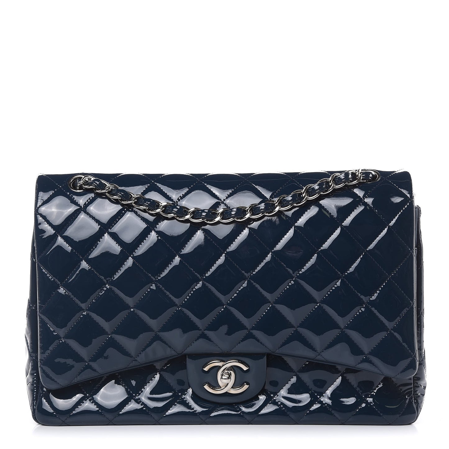 Patent Quilted Maxi Double Flap Navy Blue