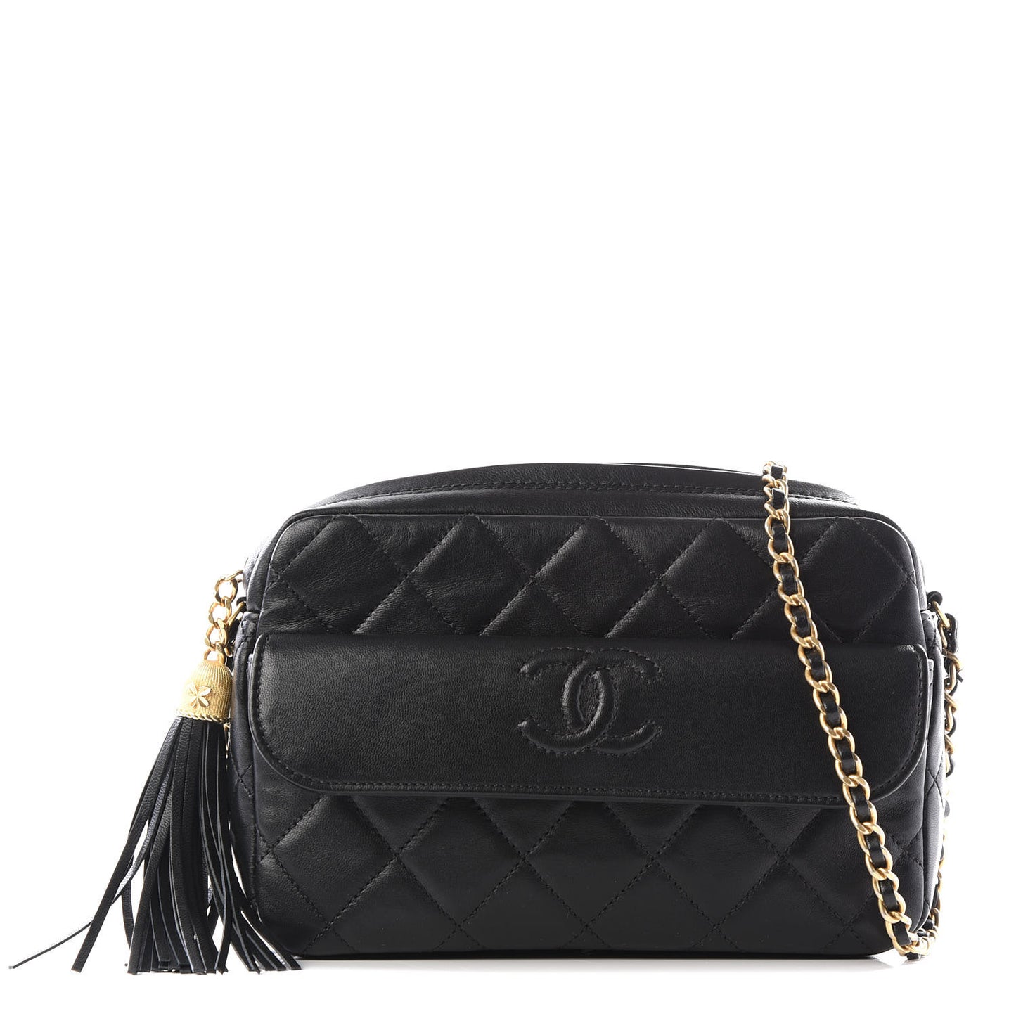 Lambskin Quilted Chain & Tassel Small Camera Case Black