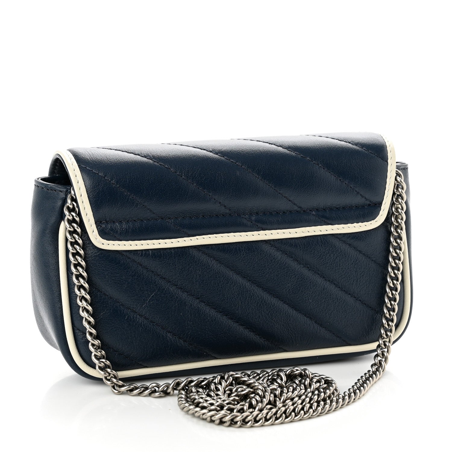 Gucci Vintage Effect Calfskin Matelasse Diagonal Super Mini Torchon GG Marmont Shoulder Bag Blue Agata Mystic White 3 of 10
