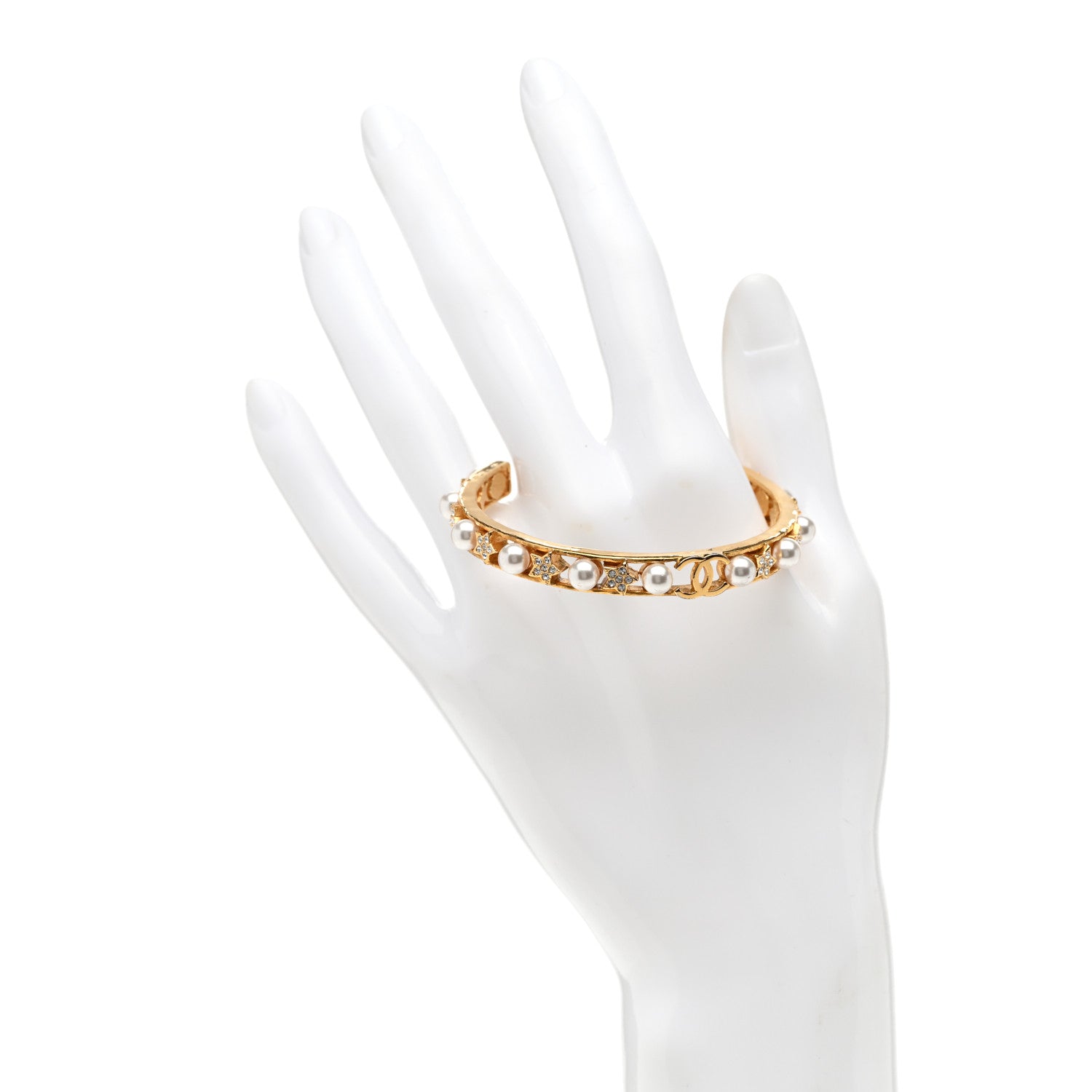 Chanel Pearl Crystal CC Star Cuff Bracelet S Gold 2 of 6