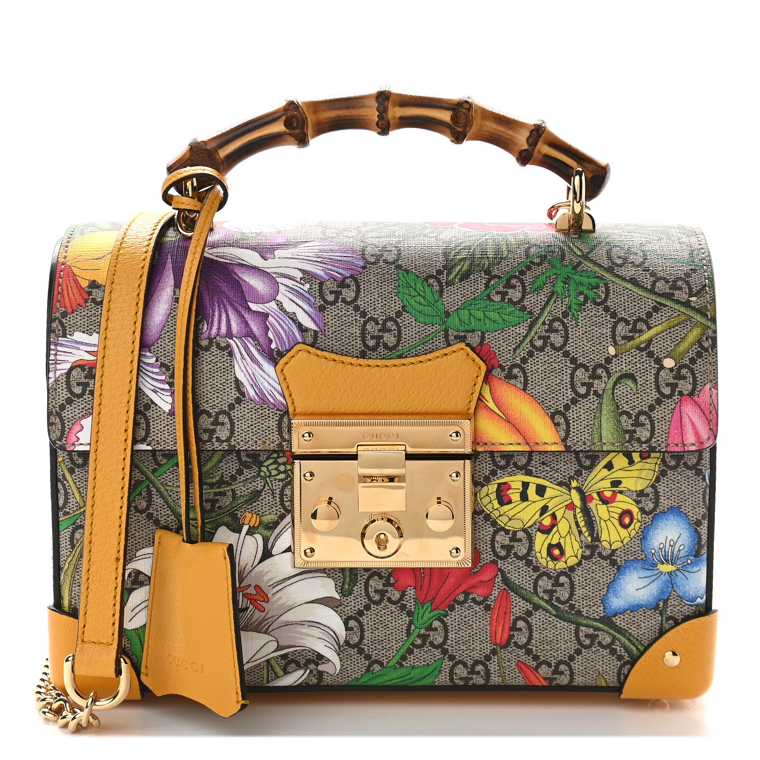 Gucci GG Supreme Monogram Flora Small Padlock Bamboo Shoulder Bag Beige Multicolor Crop 1 of 9