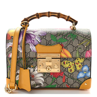 Gucci GG Supreme Monogram Flora Small Padlock Bamboo Shoulder Bag Beige Multicolor Crop 1 of 9