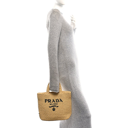 Prada Yarn Raffia Effect Crochet Embroidered Small Logo Tote Naturale 2 of 9