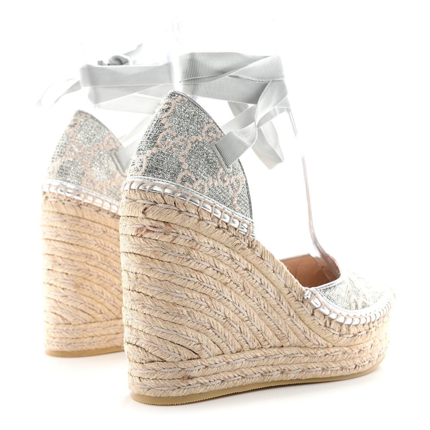 Gucci Lame GG Monogram Ankle Wrap Platform Espadrille Wedges 37 Silver Beige Light Grey 4 of 10