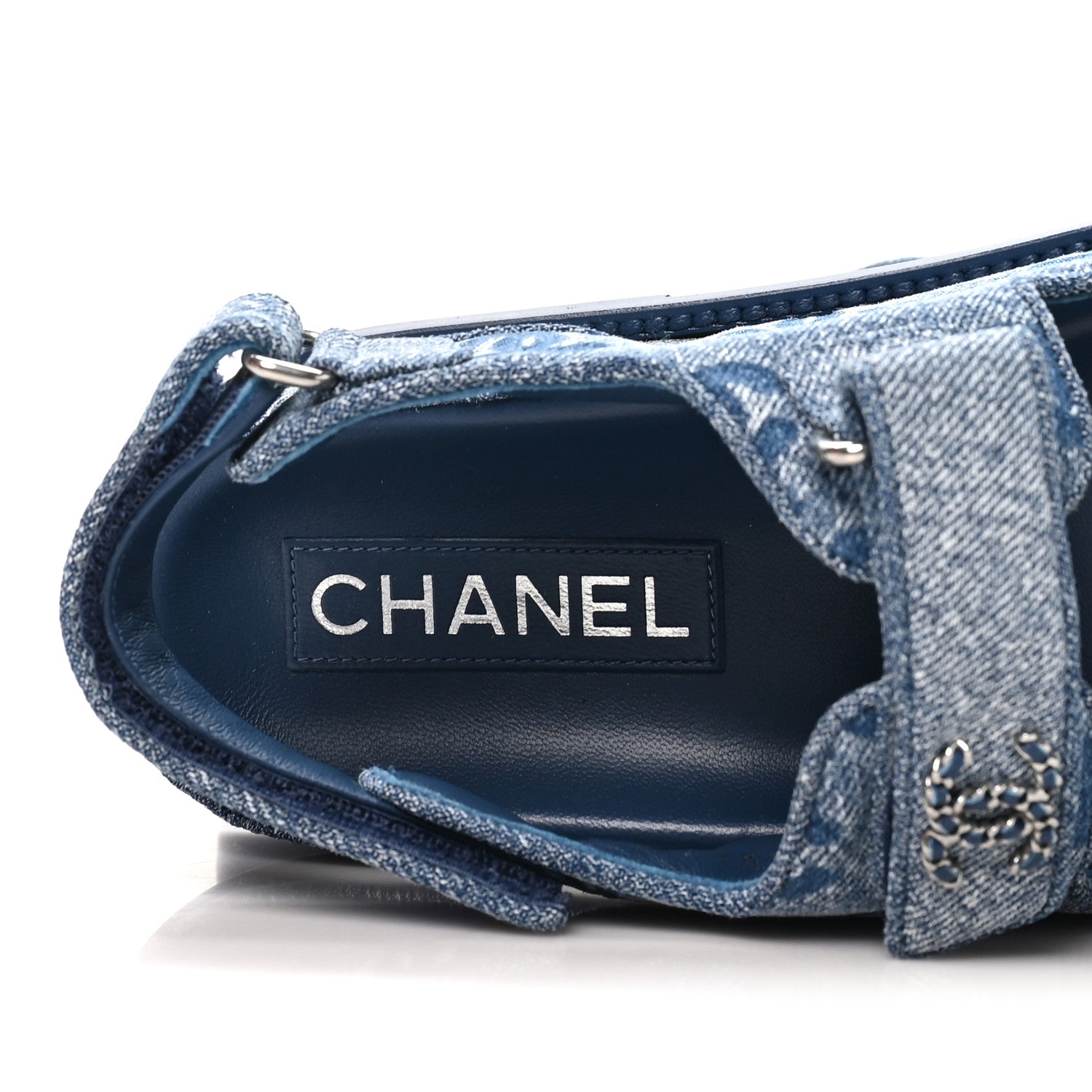 Chanel Denim CC Velcro Dad Chain CC Slide Sandals 38 Blue 7 of 10