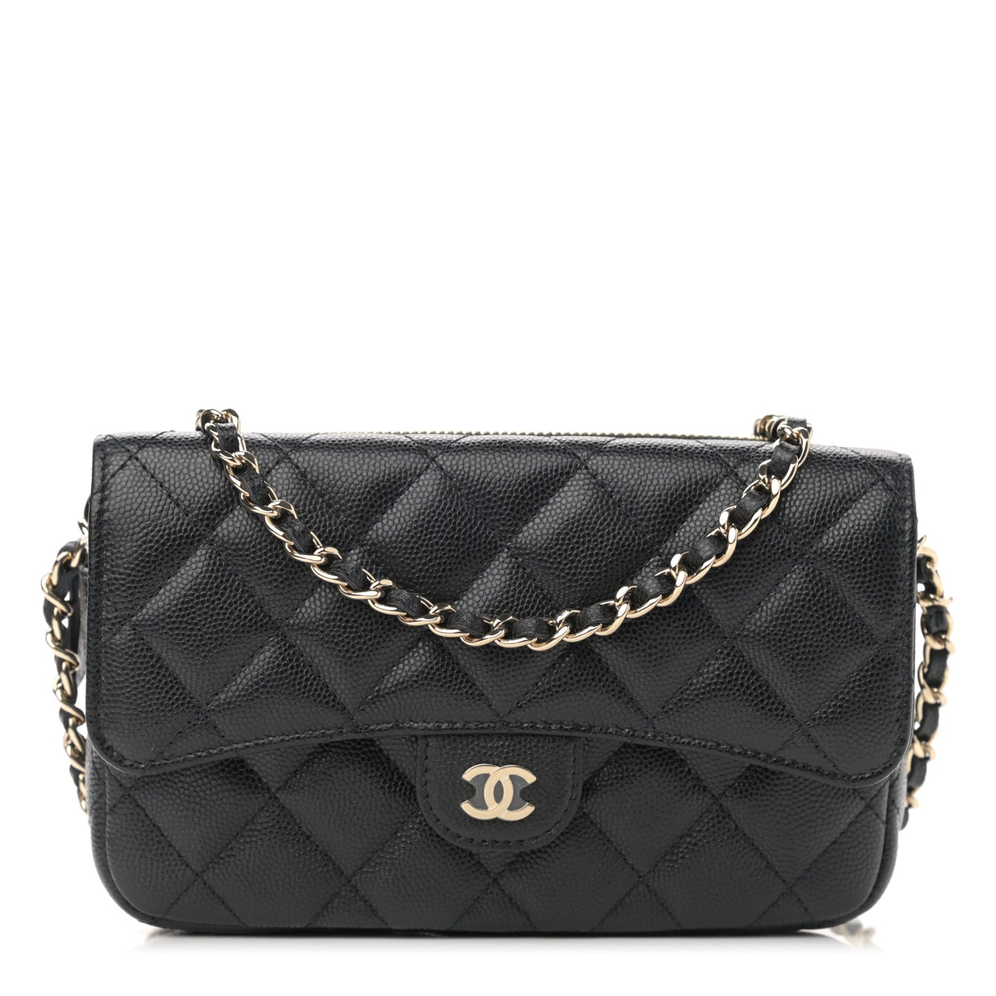 Caviar Quilted Flap Phone Holder With Chain Black
