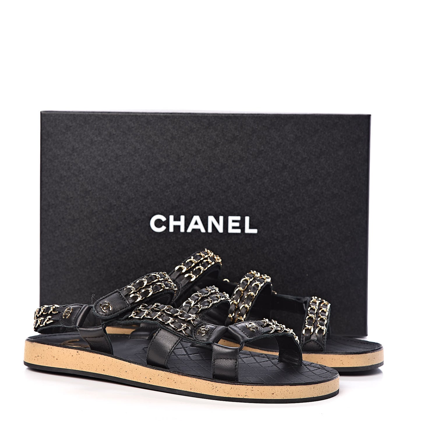 Calfskin Chain Flat Sandals 41 Black