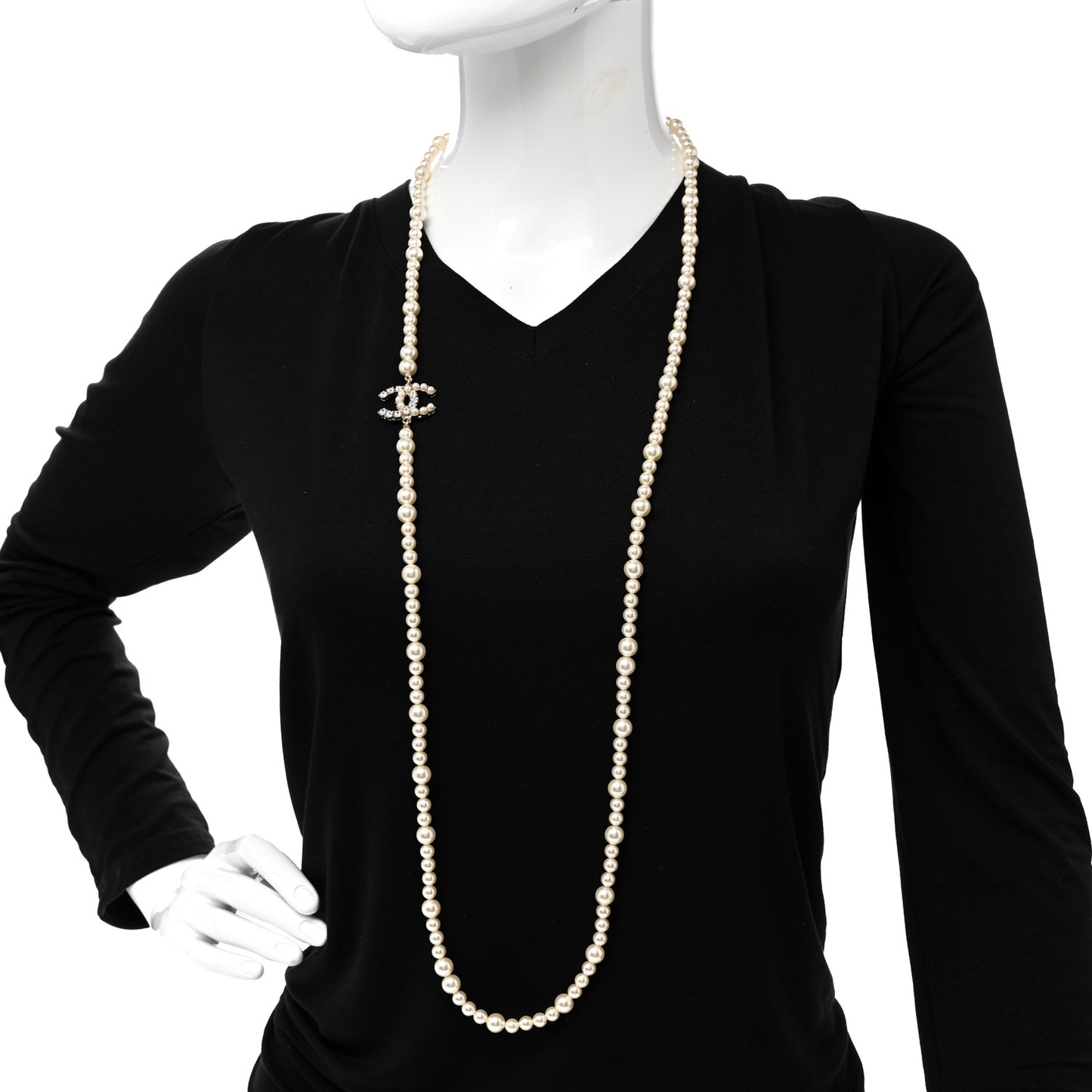 Pearl Baguette Crystal CC Long Necklace Gold