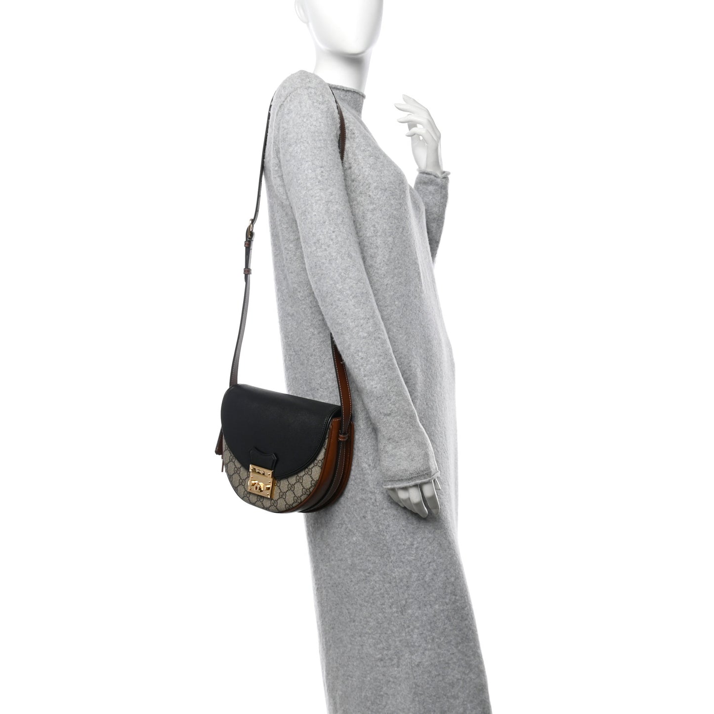 GG Supreme Monogram Calfskin Small Padlock Messenger Shoulder Bag Beige Black Cuir
