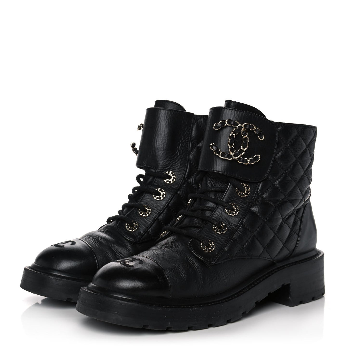 Shiny Goatskin Calfskin Quilted Lace Up Combat Boots 38.5 Black