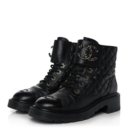 Chanel Shiny Goatskin Calfskin Quilted Lace Up Combat Boots 38.5 Black 3 of 11