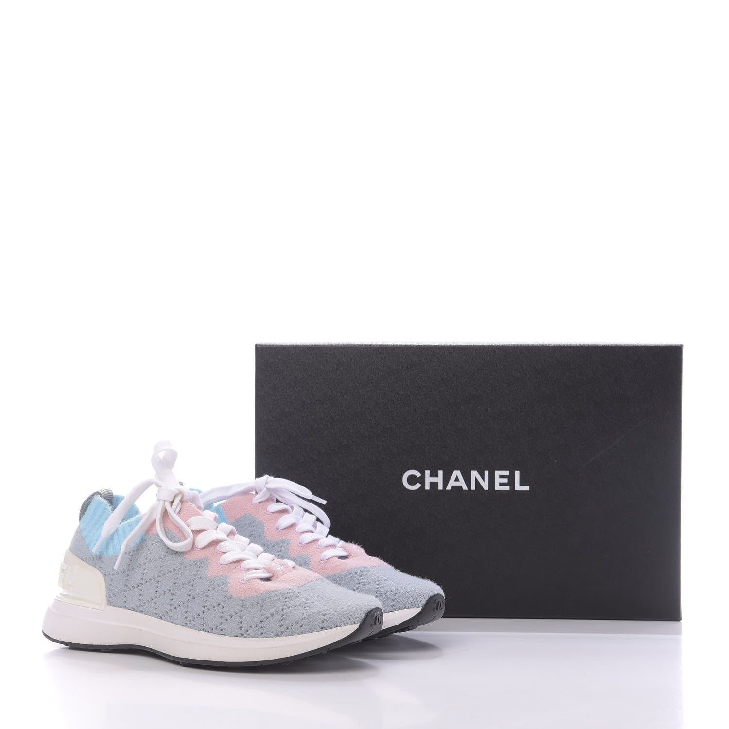 Chanel Mixed Fabrics Knit Sneakers 37 Grey Pink Blue 10 of 10