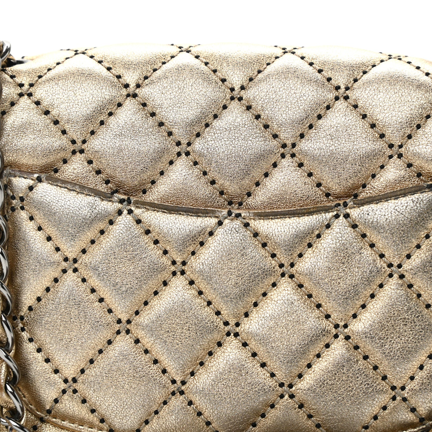 Metallic Lambskin Quilted Side Stitch Mini Rectangular Flap Gold