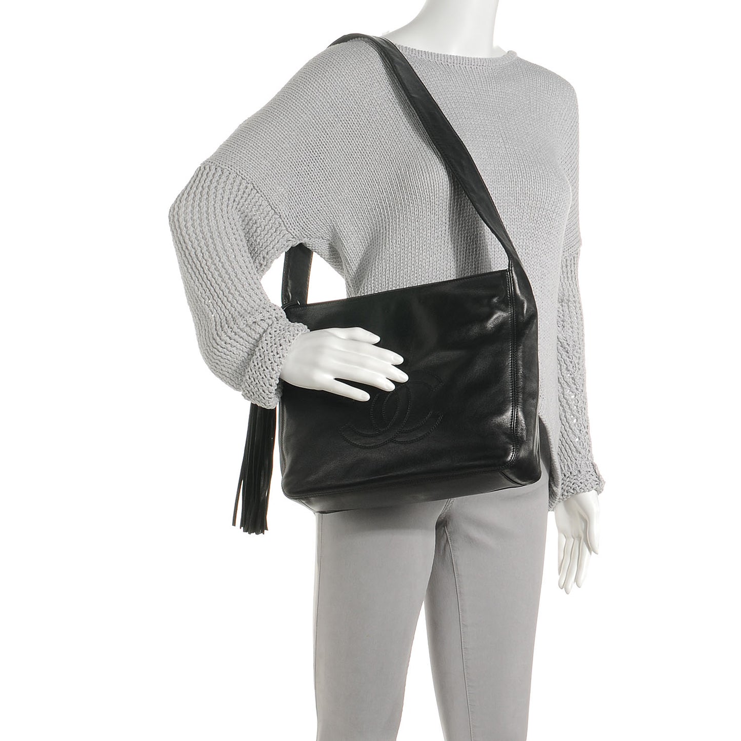 Lambskin CC Tassel Shoulder Bag Black