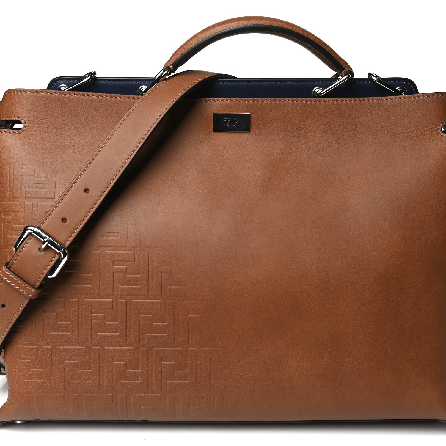 Fendi Smooth Calfskin FF Embossed Sfumate Large Mens Peekaboo Iconic Essential Satchel Cuoio 9 of 20