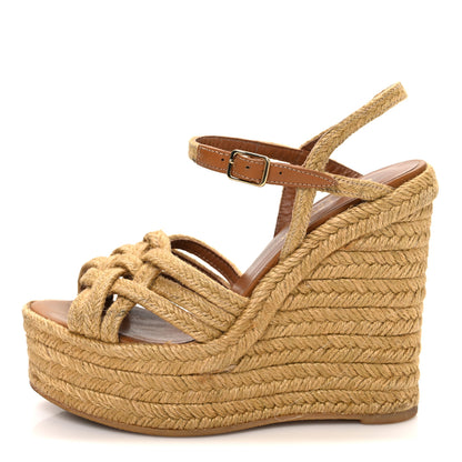 Saint Laurent Raffia Calfskin Platform Espadrille Wedge Sandals 35.5 Caramel 1 of 10