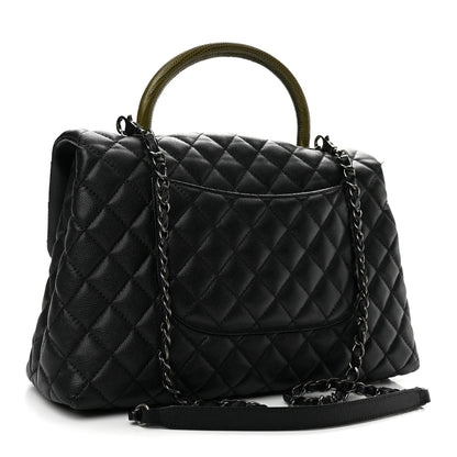 Chanel Caviar Lizard Quilted Medium Coco Handle Flap Black Khaki 3 of 14
