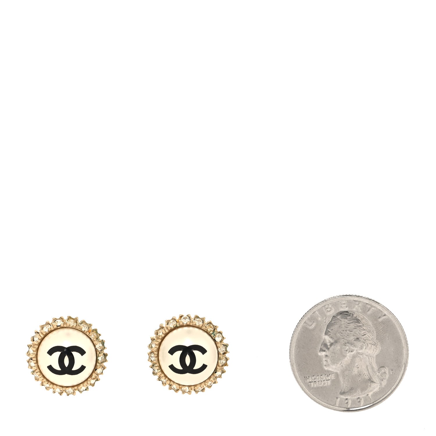 Chanel Crystal Pearl CC Round Earrings Gold Pearly White Black 2 of 4