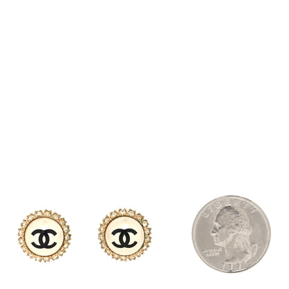 Chanel Crystal Pearl CC Round Earrings Gold Pearly White Black 2 of 4