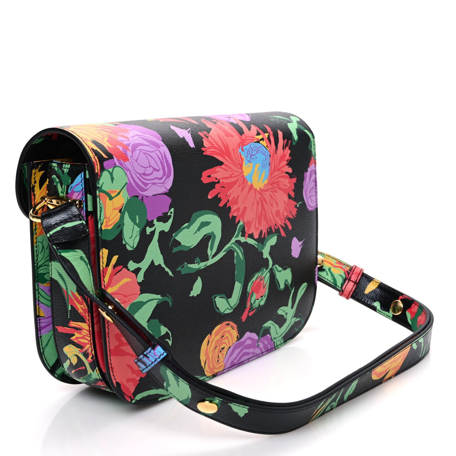 Gucci X KEN SCOTT New Shangai Calfskin Jenny Floral Print Horsebit 1955 Shoulder Bag Black Pink 3 of 10