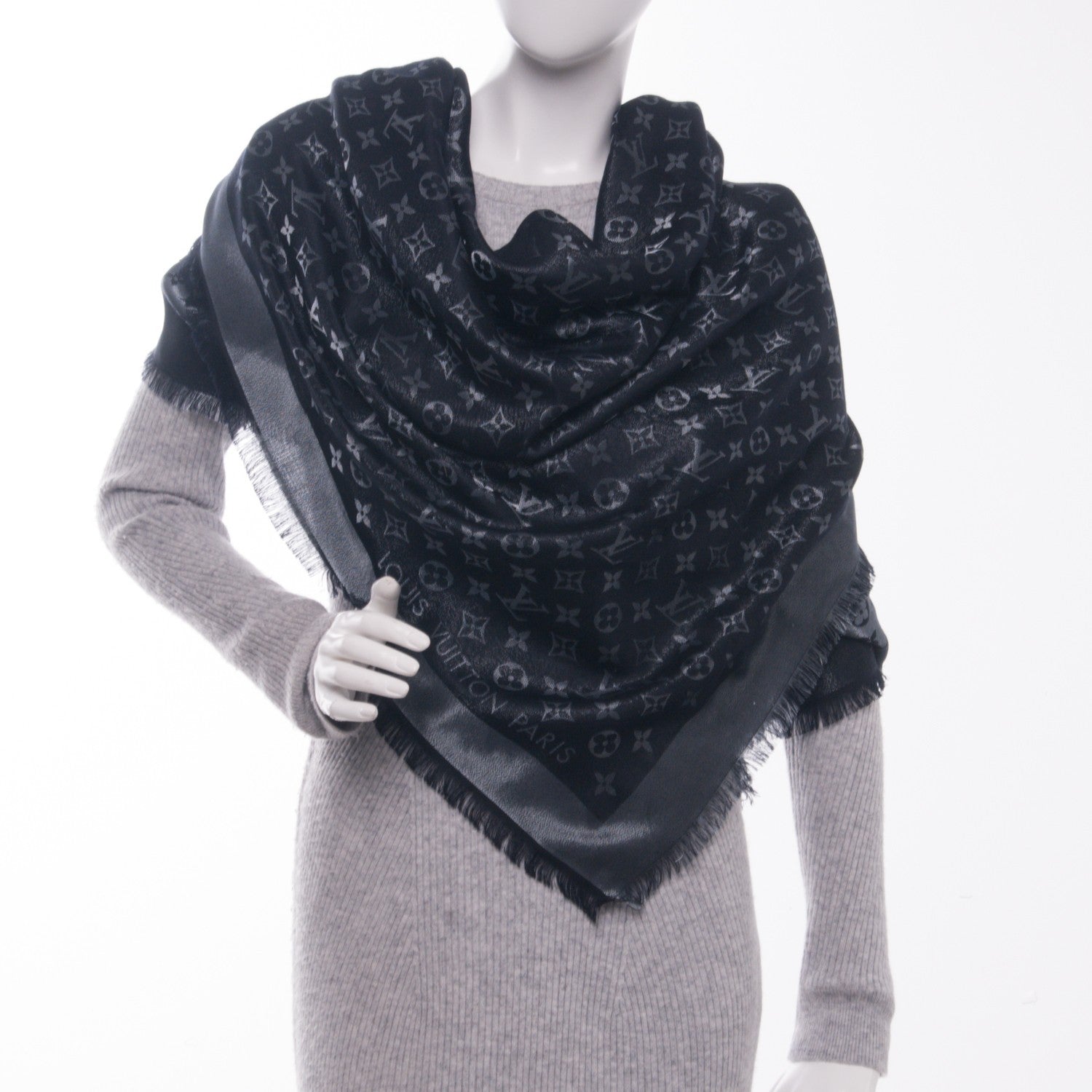 Louis Vuitton Silk Lurex Wool Monogram Shine Shawl Charcoal Grey 2 of 6