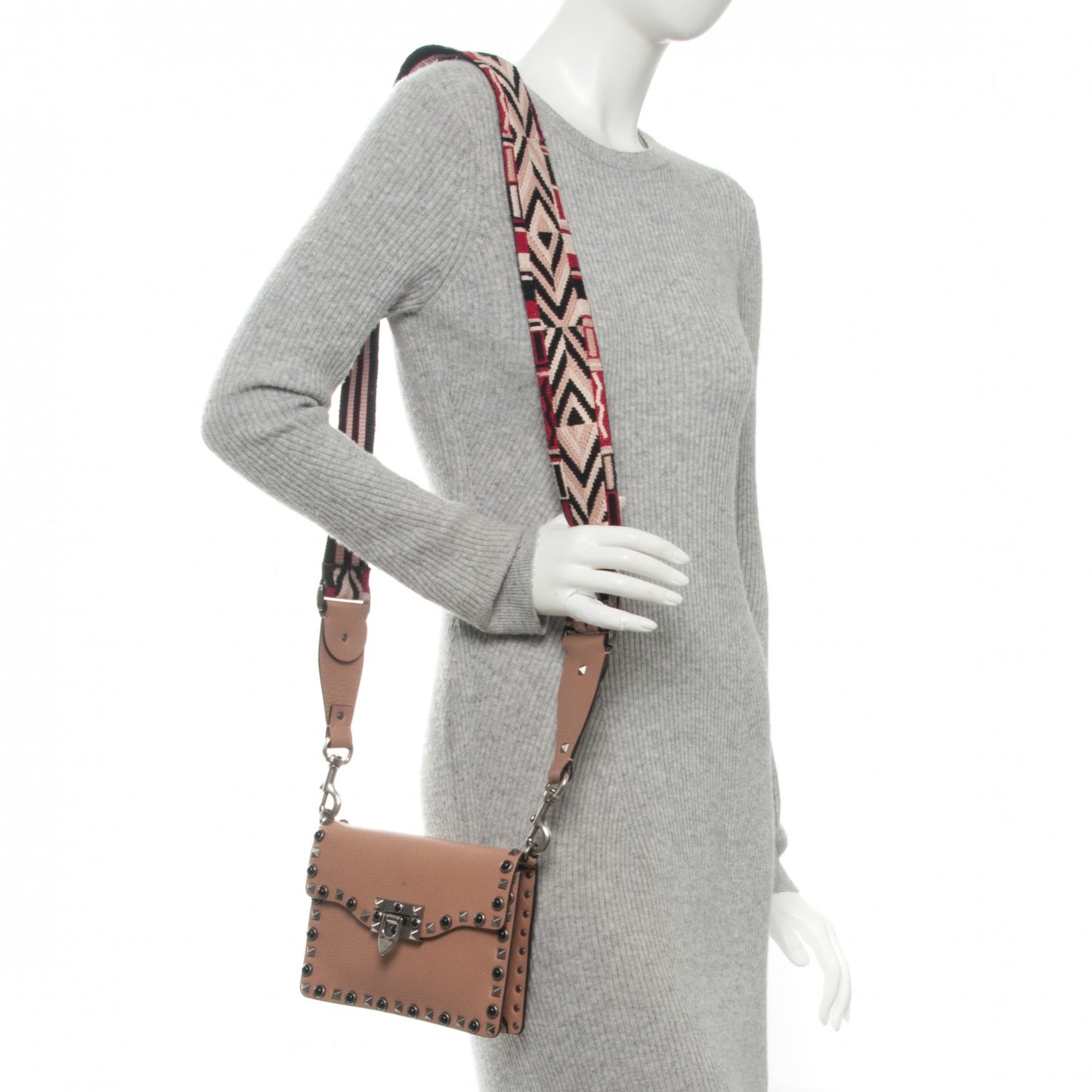 Grained Calfskin Onyx Small Guitar Strap Rockstud Rolling Shoulder Flap Bag Soft Noisette