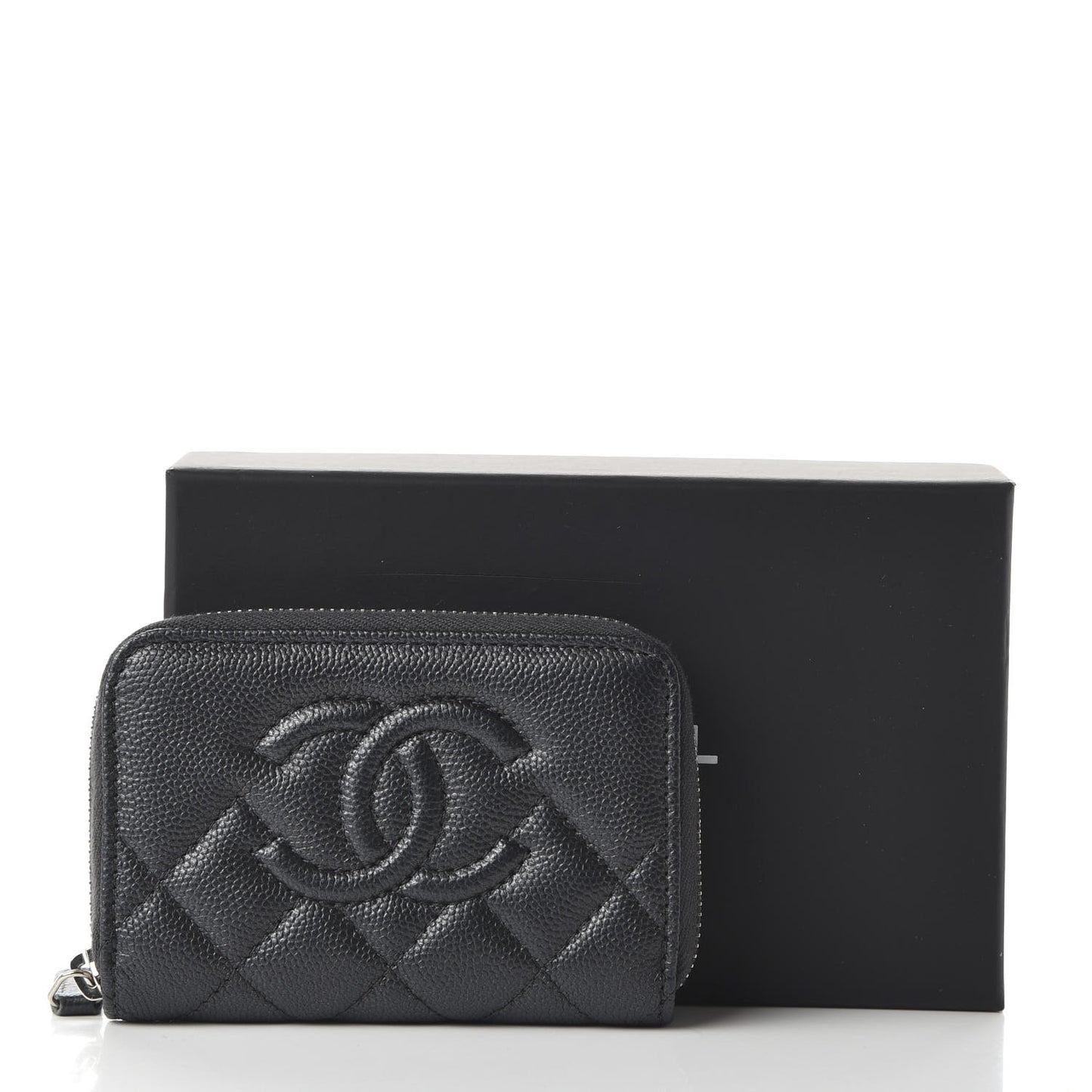 Metallic Caviar Quilted CC Zip Around Coin Purse Wallet Dark Grey