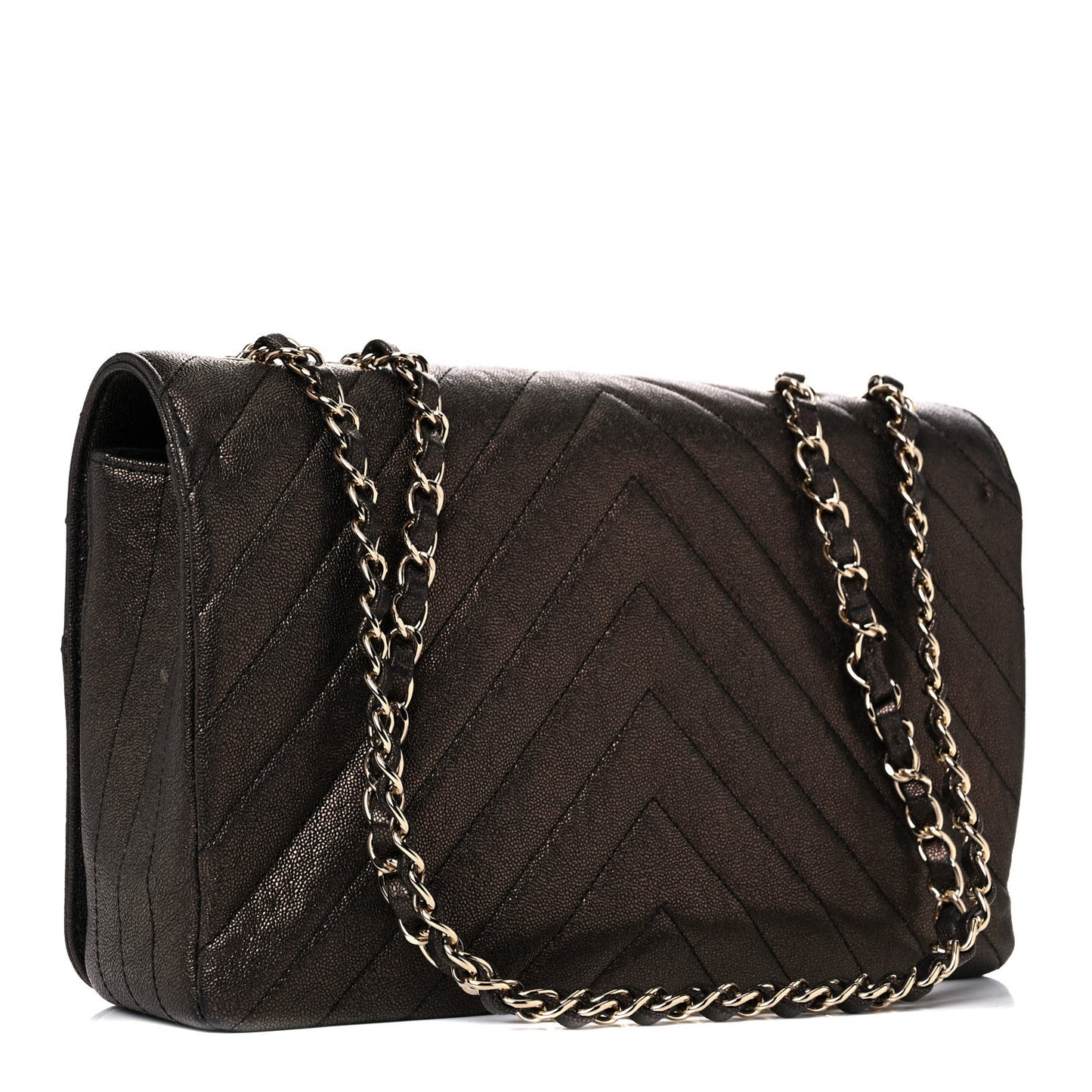 Metallic Caviar Chevron Quilted Medium Statement Flap Bronze