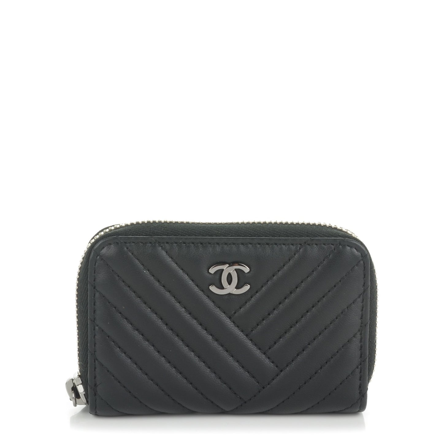 Lambskin Quilted Crossing Zip Around Coin Purse Black