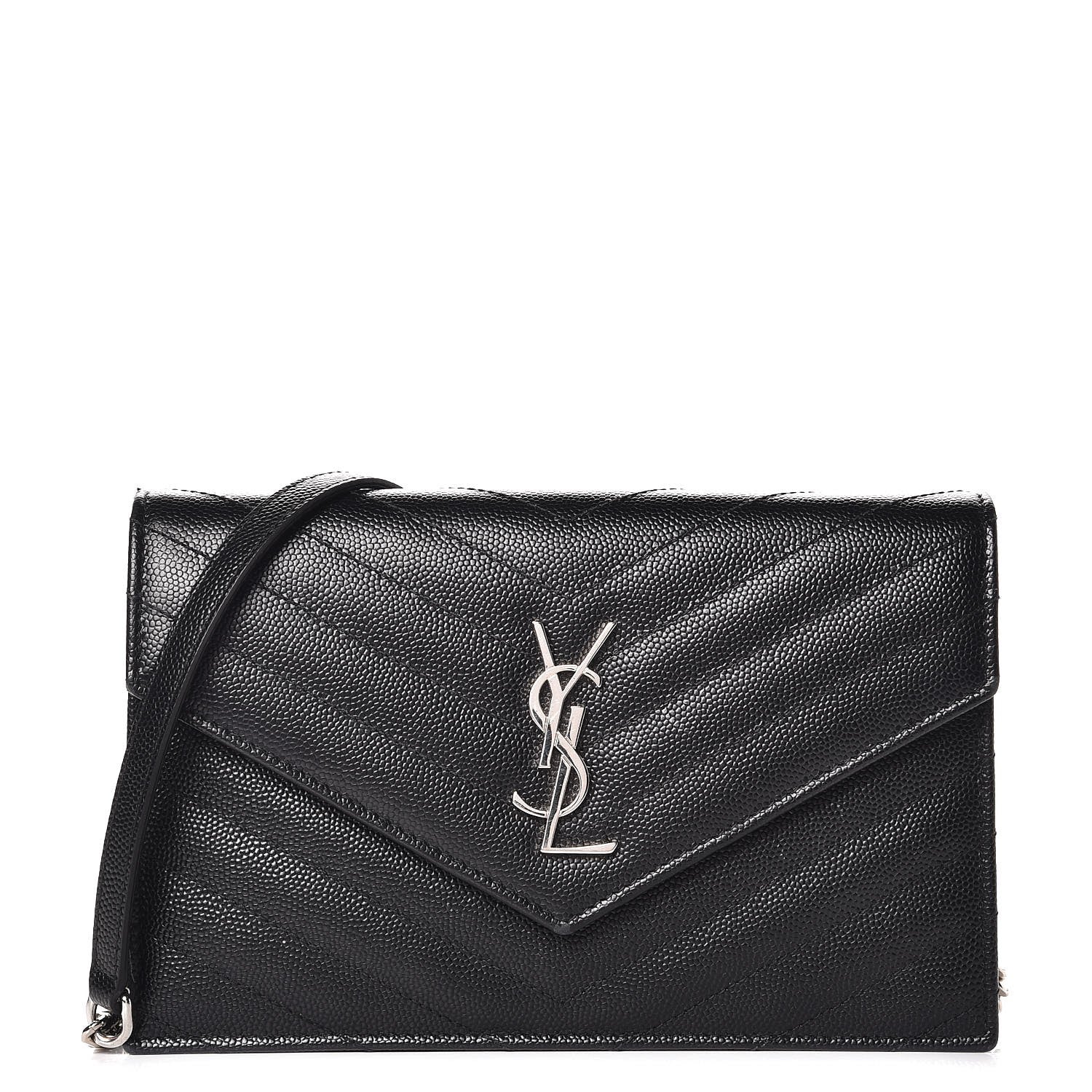 Saint Laurent Grain De Poudre Matelasse Chevron Monogram Envelope Chain Wallet Black 1 of 9