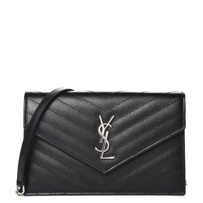 Saint Laurent Grain De Poudre Matelasse Chevron Monogram Envelope Chain Wallet Black 1 of 9