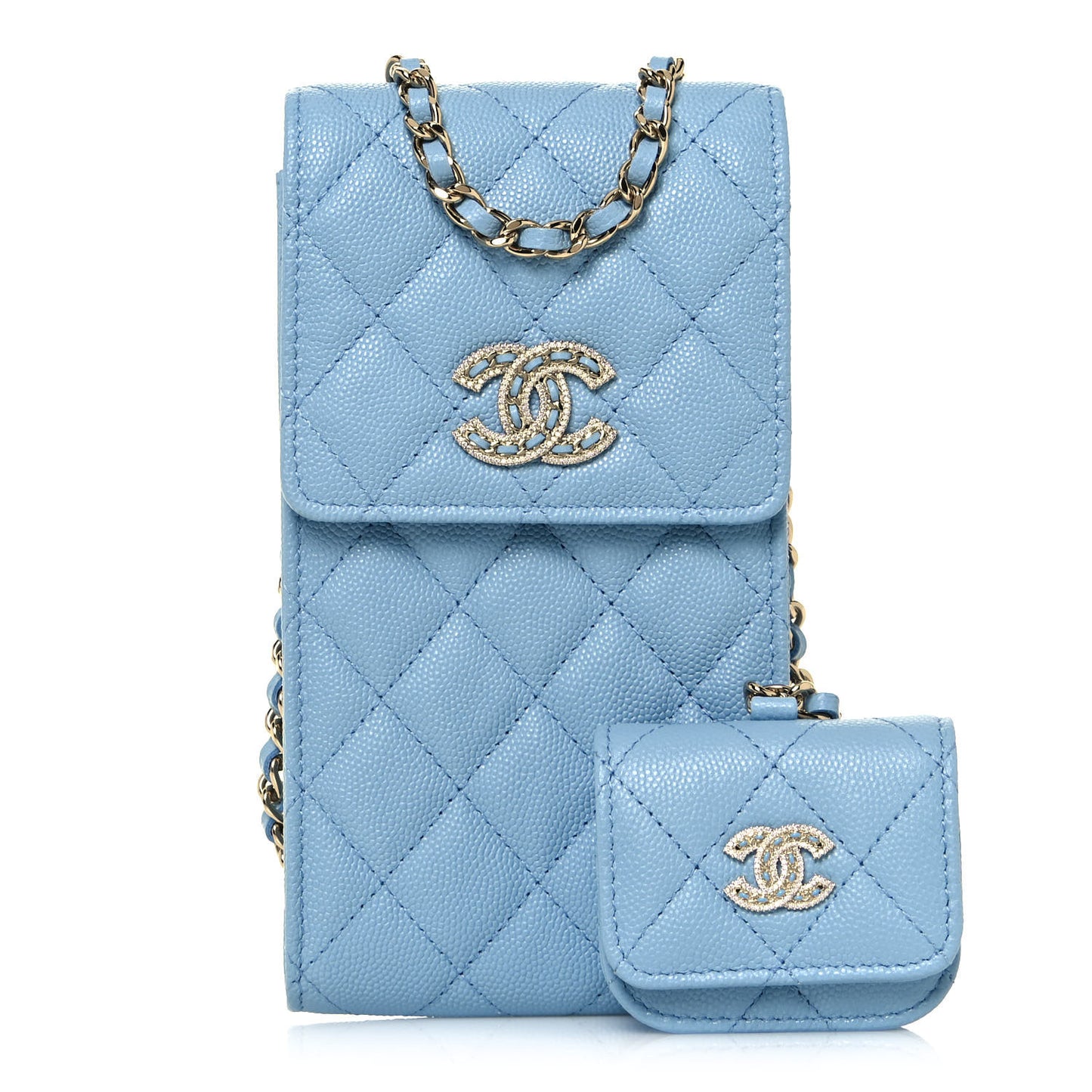 Caviar Quilted Crystal CC Airpods Pro and Phone Case With Chain Light Blue