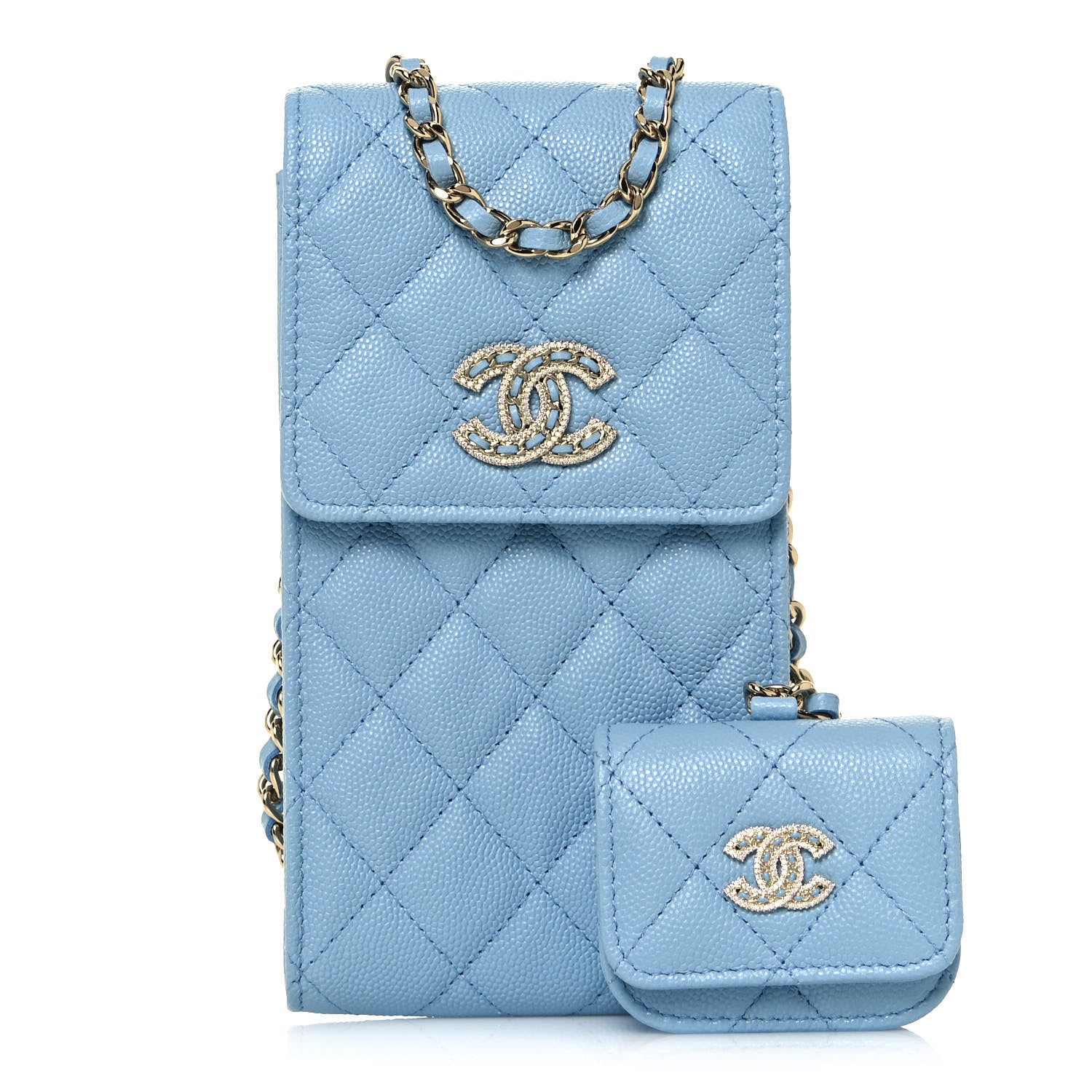 Chanel Caviar Quilted Crystal CC Airpods Pro and Phone Case With Chain Light Blue 1 of 17