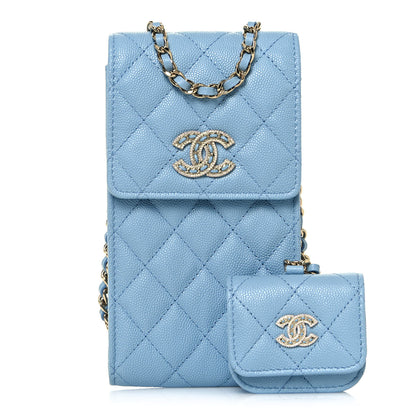 Chanel Caviar Quilted Crystal CC Airpods Pro and Phone Case With Chain Light Blue 1 of 17