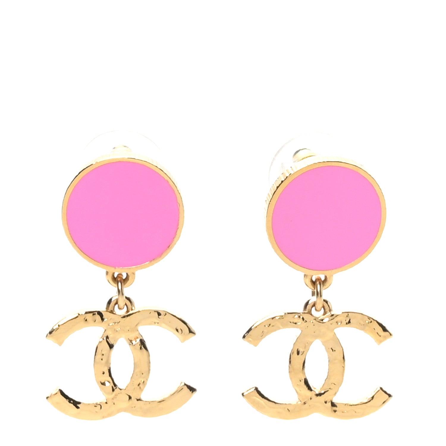 Chanel Metal Resin Disc CC Drop Earrings Gold Pink 1 of 5