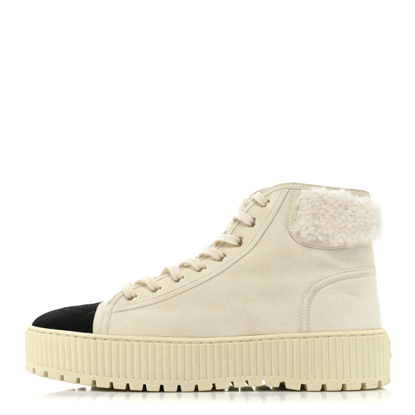 Kid Suede Shearling Sheepskin Lace Up Boots 39.5 Ivory White Black