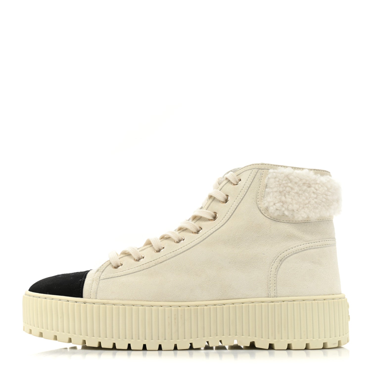 Chanel Kid Suede Shearling Sheepskin Lace Up Boots 39.5 Ivory White Black 1 of 13