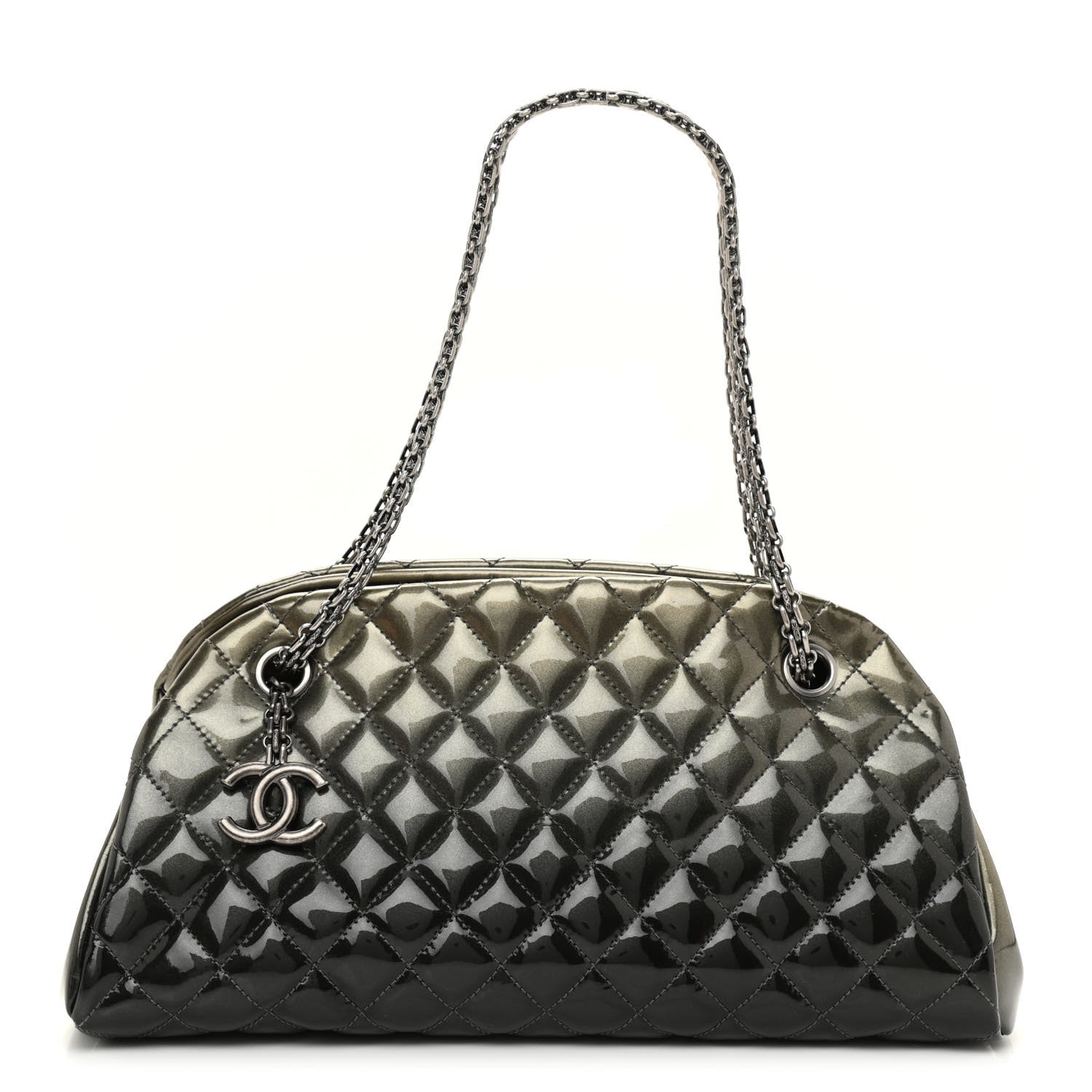 Chanel Metallic Patent Quilted Medium Just Mademoiselle Bowling Bag Silver Degrade 1 of 11