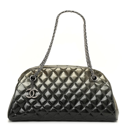 Chanel Metallic Patent Quilted Medium Just Mademoiselle Bowling Bag Silver Degrade 1 of 11
