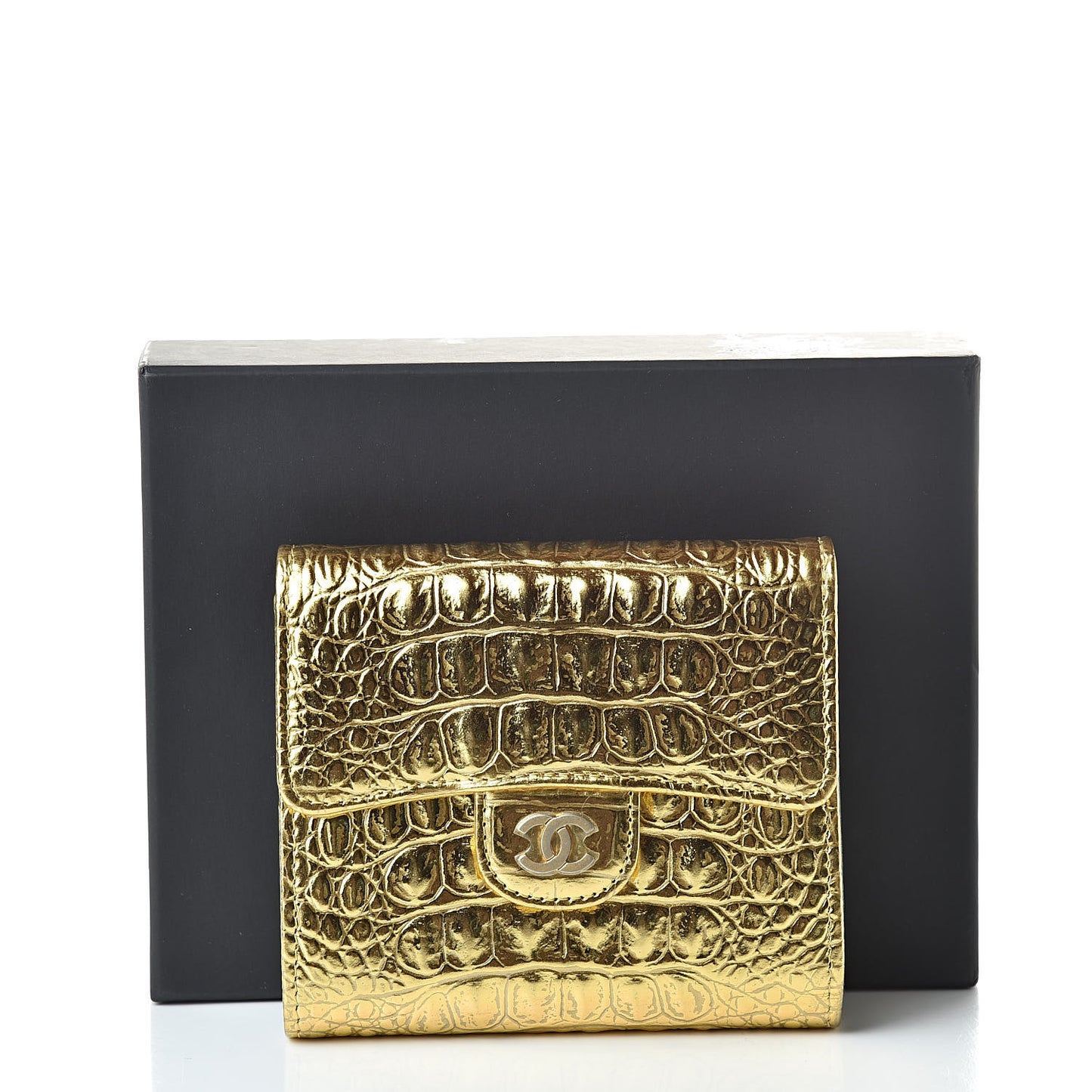 Metallic Calfskin Crocodile Embossed Cocodile Compact Flap Wallet Gold