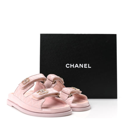 Chanel Shiny Calfskin Quilted Velcro Dad Crystal CC Slide Sandals 37.5 Light Pink 10 of 10