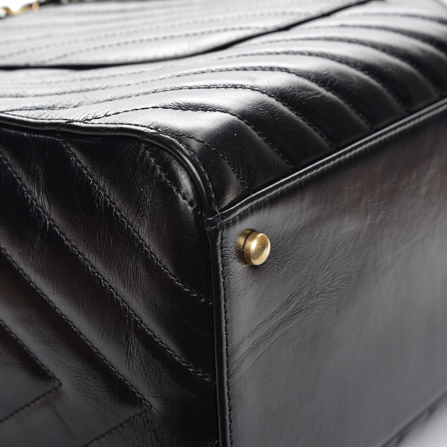 Glazed Calfskin Chevron Quilted Shopper Tote Black