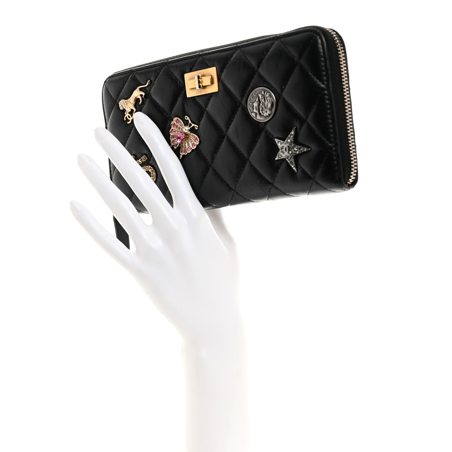 Aged Calfskin Quilted Lucky Charms 2.55 Reissue Zip Around Wallet Black