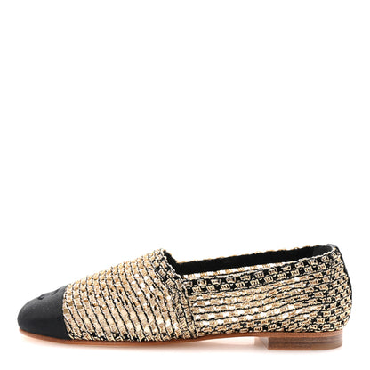 Chanel Knit Grosgrain Cap Toe CC Moccasin Loafers 36 Gold Black 1 of 9