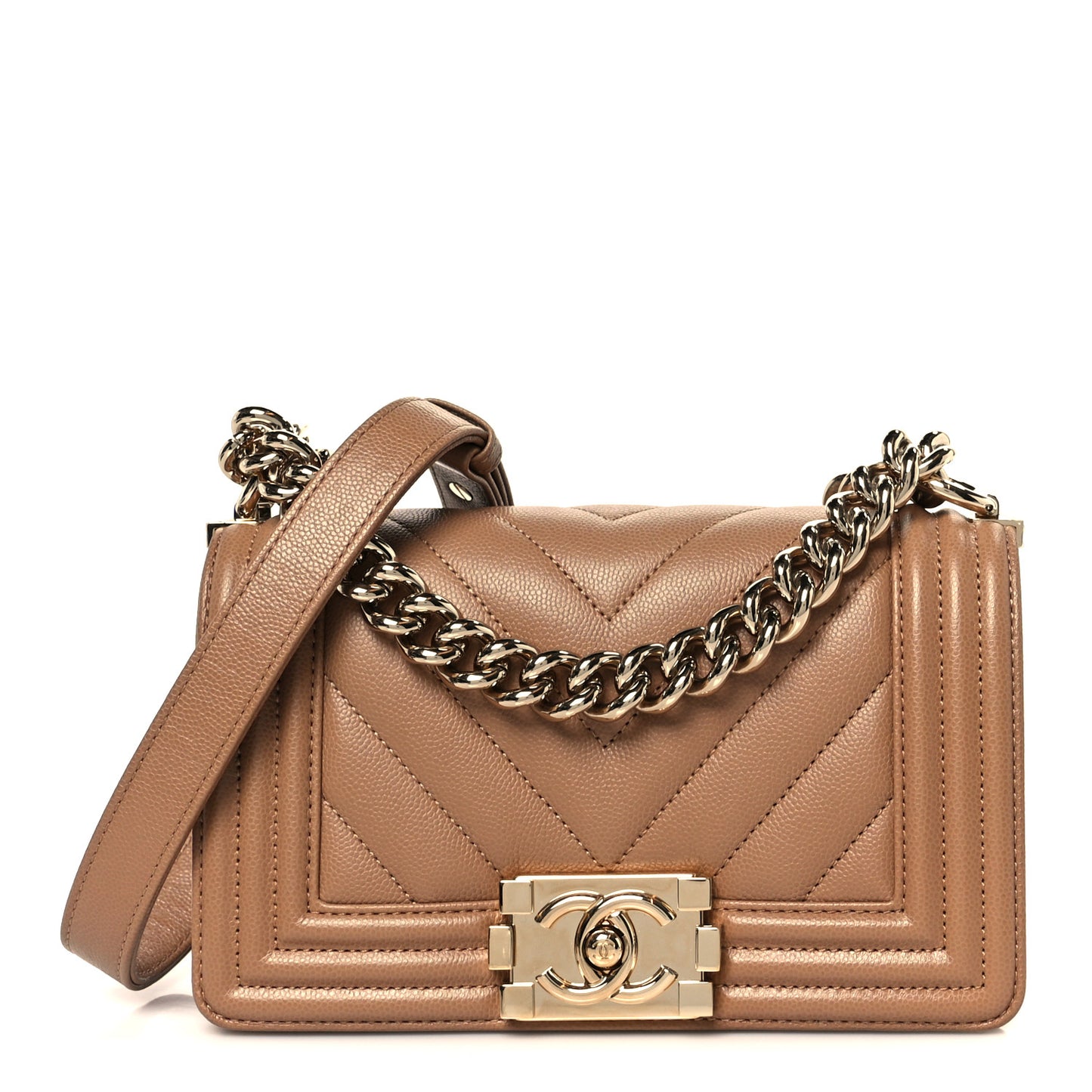 Caviar Chevron Quilted Small Boy Flap Beige