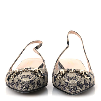 Gucci Monogram Horsebit Womens Slingback Ballet Flat 37.5 Beige Blue 3 of 13
