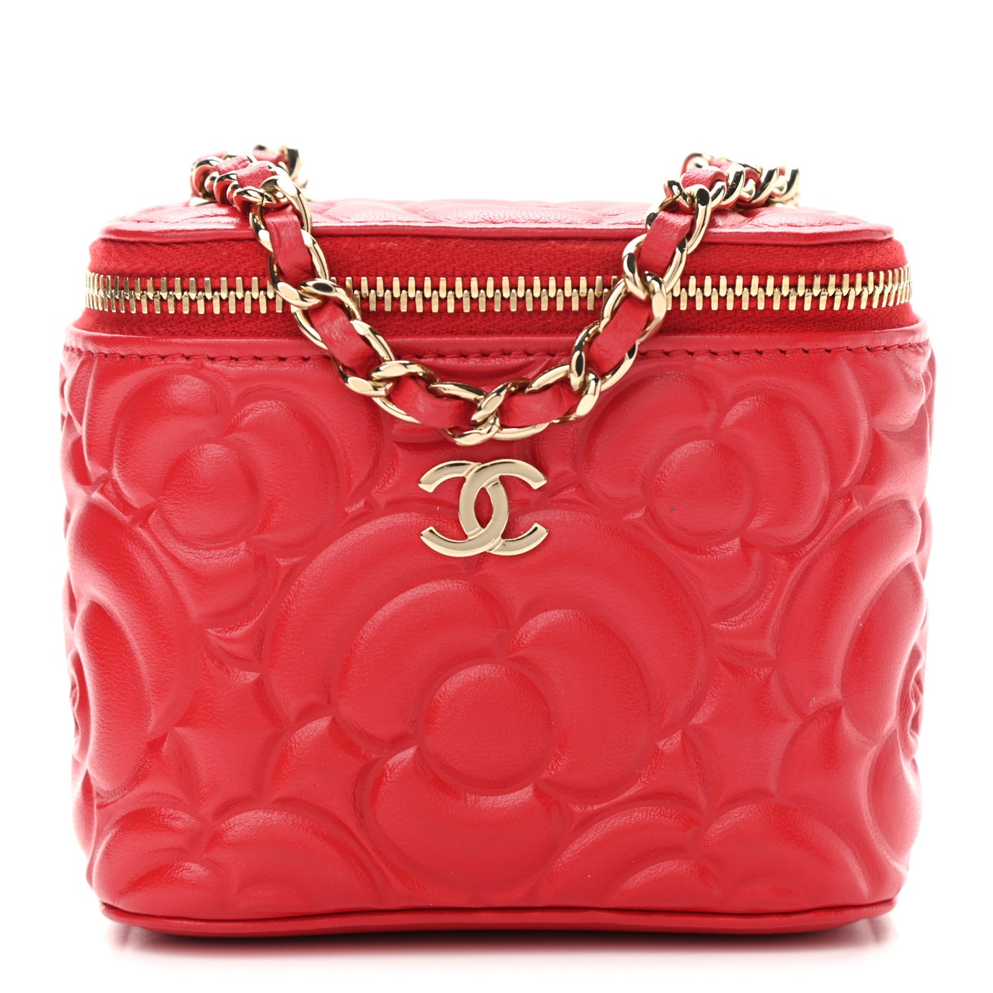 Lambskin Camellia Embossed Mini Vanity Case With Chain Red