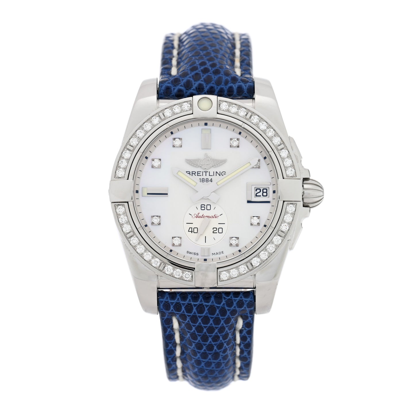 Stainless Steel Lizard Diamond Bezel Mother of Pearl 36mm Galactic Automatic Watch A37330