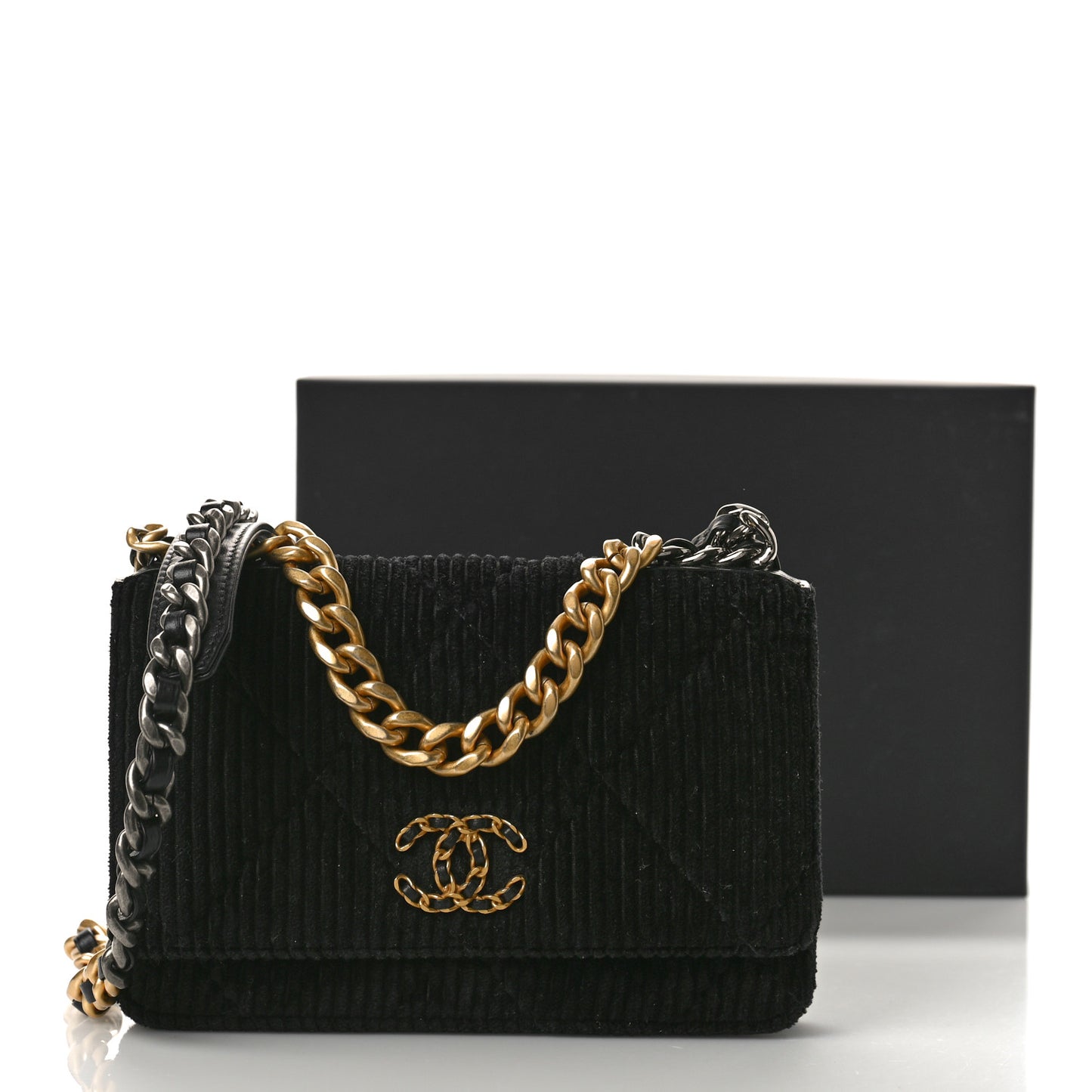 Corduroy Quilted Chanel 19 Wallet On Chain WOC Black