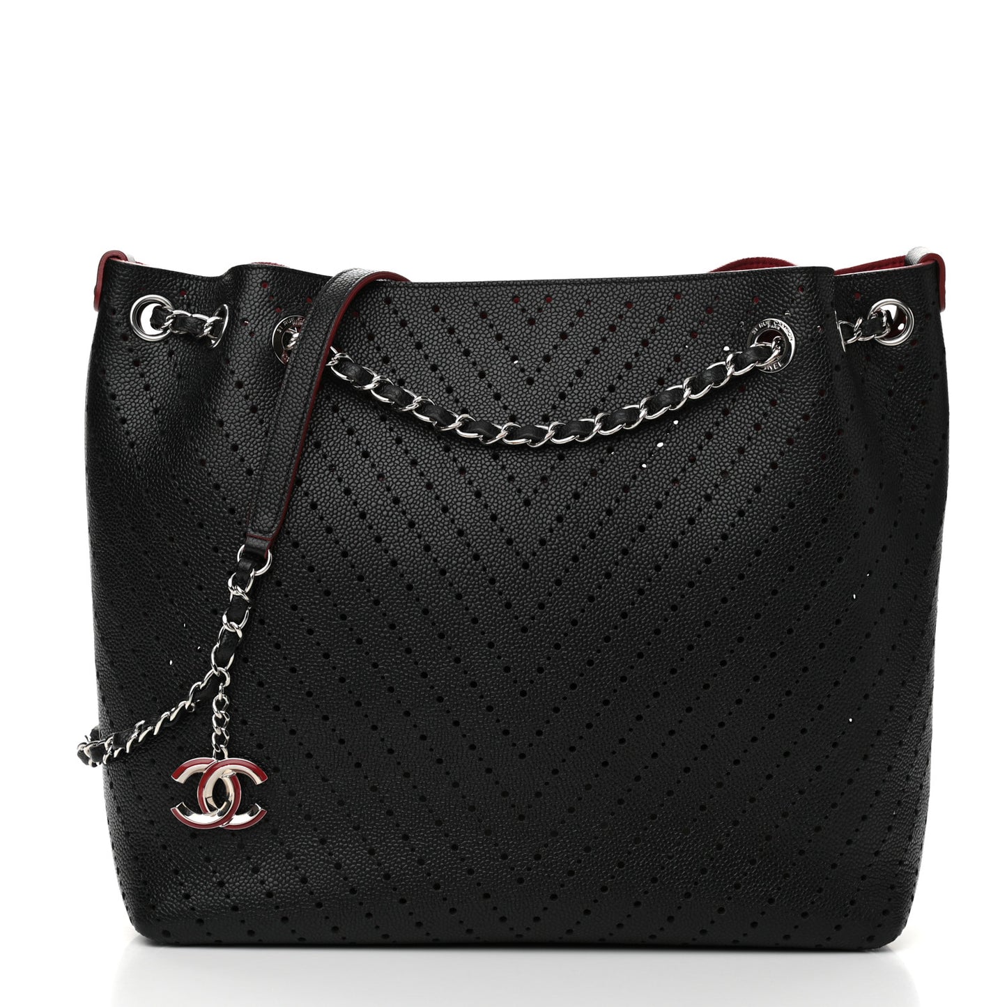 Perforated Caviar Drawstring Bucket Bag Black